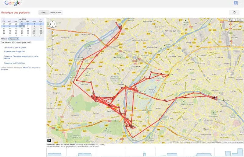 Carte d'une ville avec l'historique de déplacements d'un téléphone affiché sous forme de trajets et de points d'arrêt