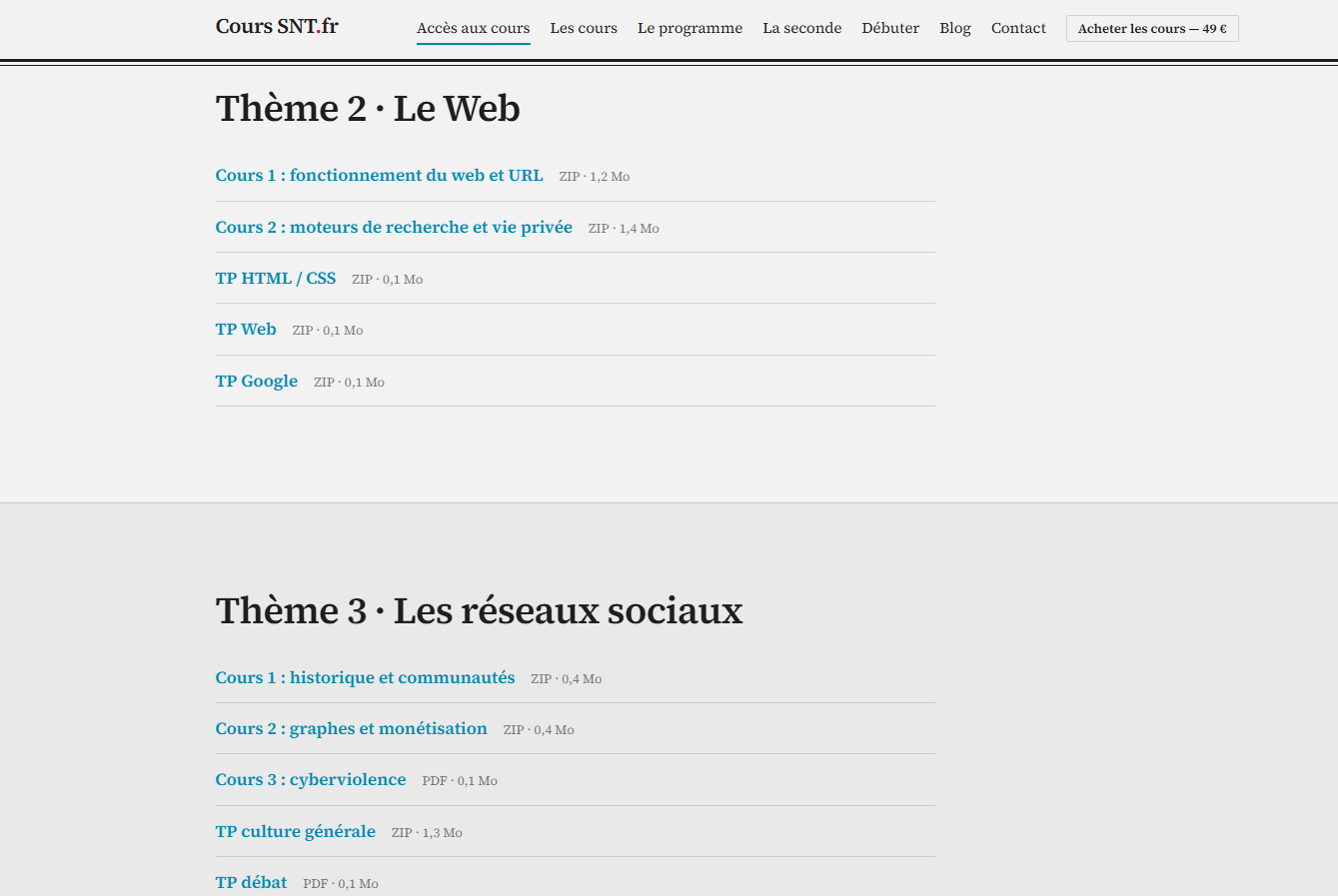 Capture d'écran de la liste des cours