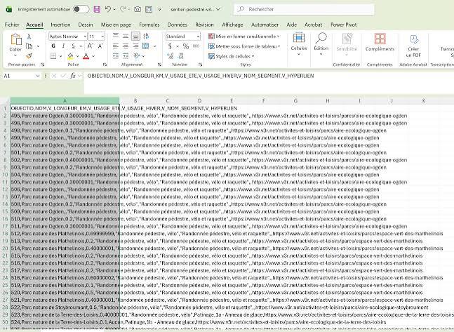 Tableur ouvert sur un fichier CSV de plusieurs milliers de lignes, avec un filtre appliqué sur une colonne